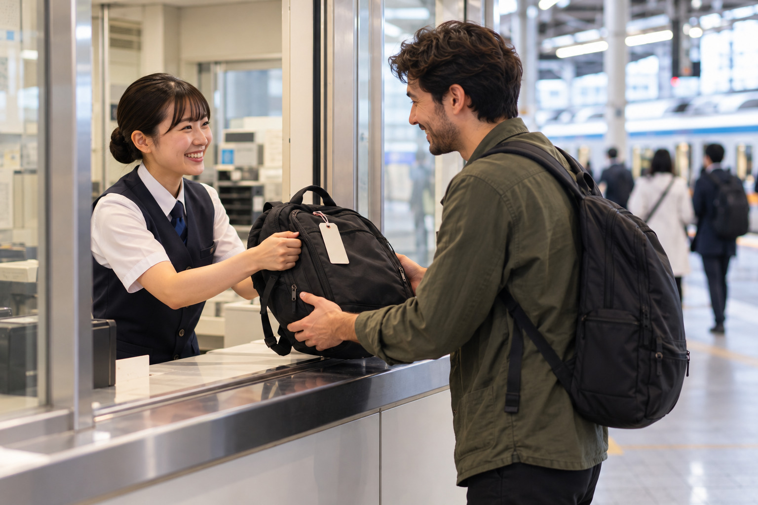 Station staff returning a lost backpack to a relieved traveler