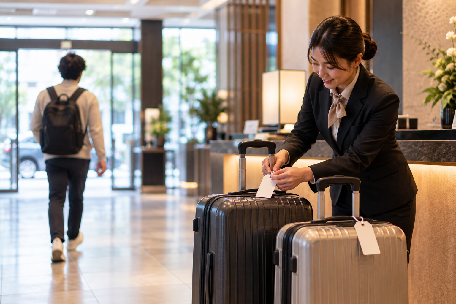Suitcases tagged at a hotel front desk for delivery to the airport