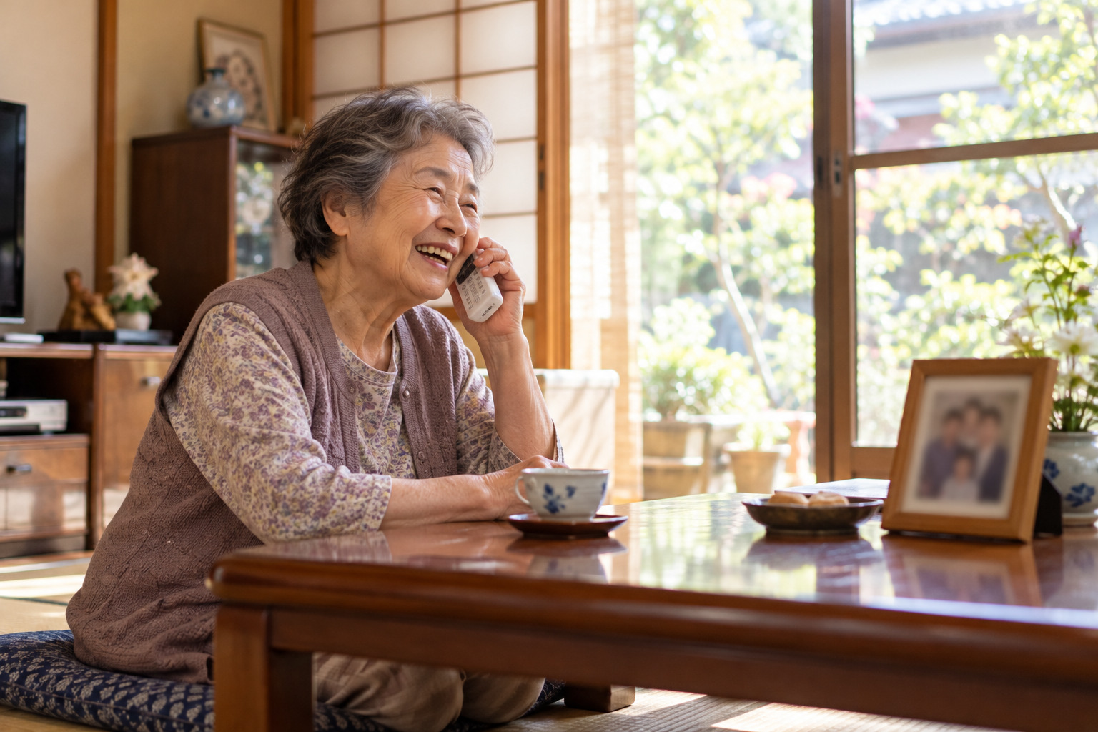Japanese grandmother smiling while talking on the phone at home