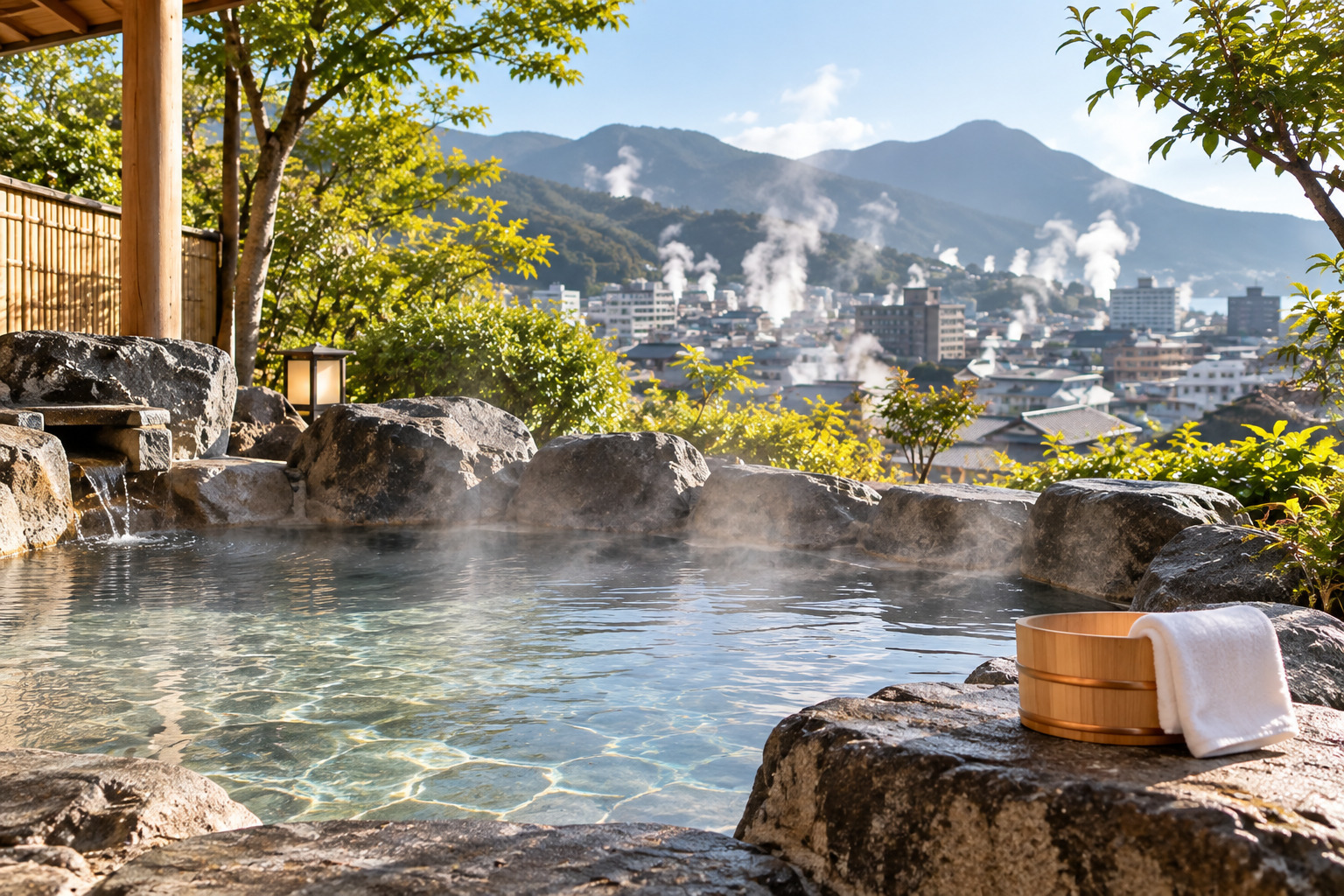 Steaming outdoor hot spring bath in Japan