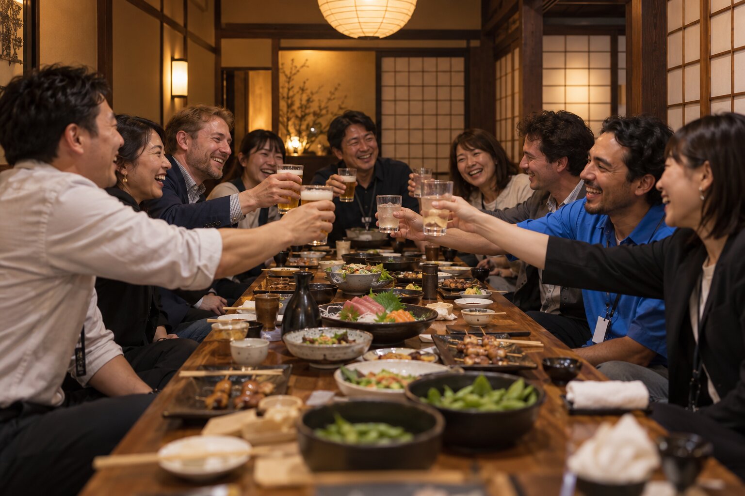Large group raising glasses in a private izakaya room in Japan