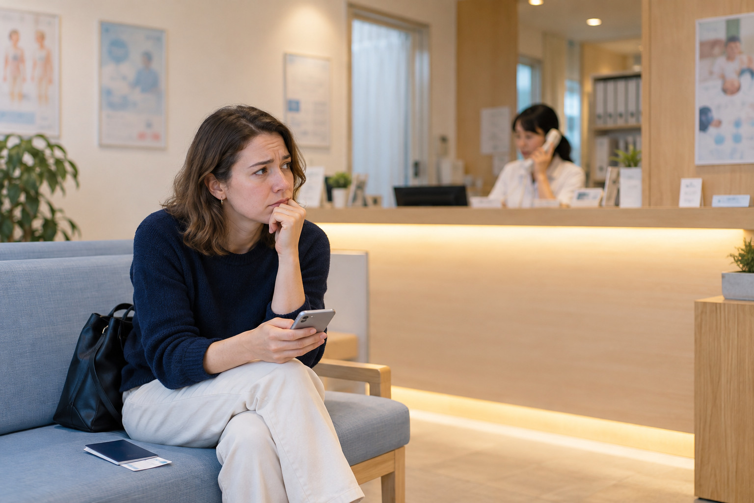 Foreign resident waiting at a Japanese clinic reception