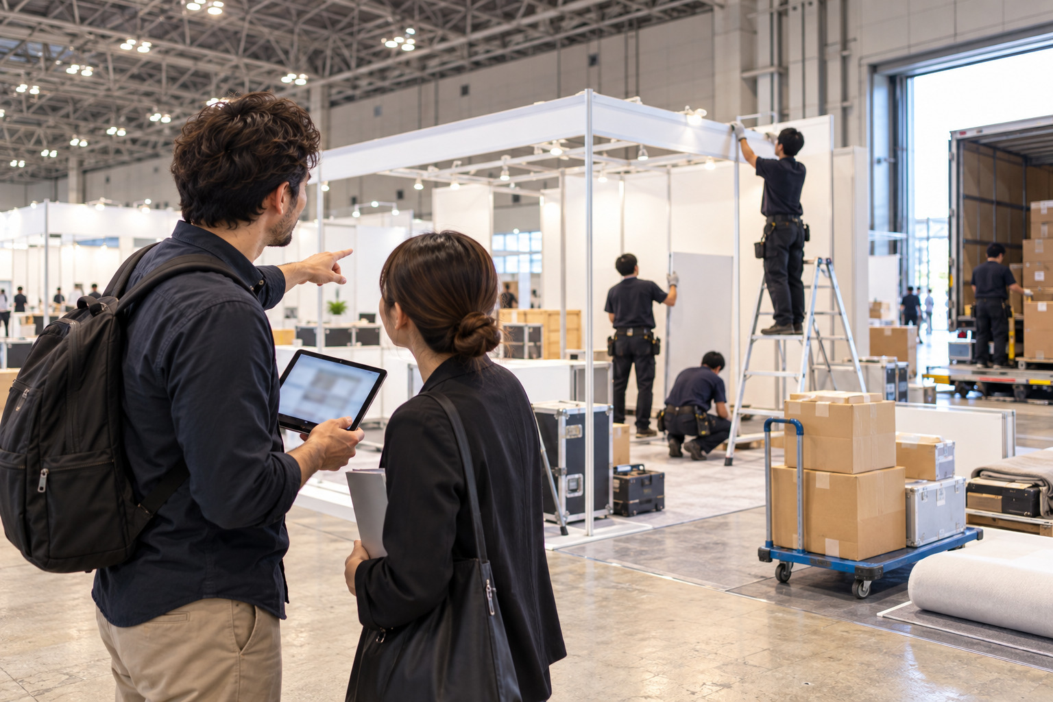 Exhibitors setting up a booth during move-in at a Japanese exhibition hall