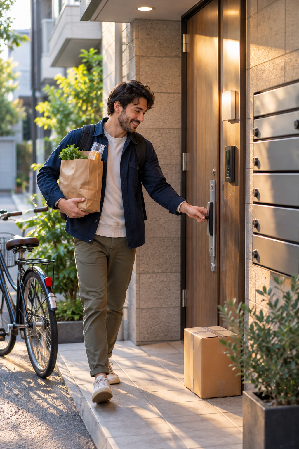 Foreign resident arriving home at an apartment building in Japan
